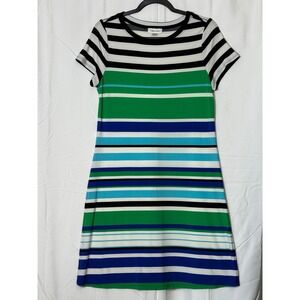 Calvin Klein Womens Green Blue Black Striped Short Sleeve Shift T-Shirt Dress M